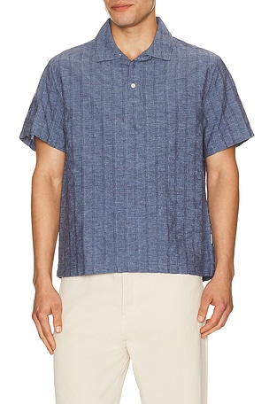 onia Cotton Linen Pop Over Shirt in Navy