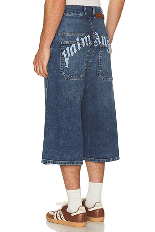 Palm Angels Curved Logo Denim Skater Short in Blue