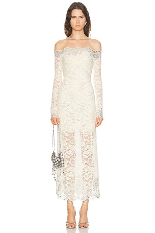 RABANNE Studded Off Shoulder Maxi Dress in Ivory