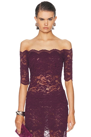 RABANNE Off Shoulder Lace Top in Burgundy