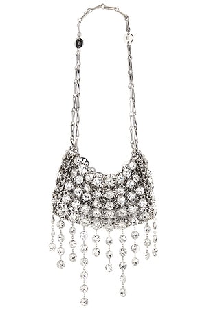 RABANNE Embellished Fringe Handbag in Metallic Silver