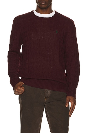 Polo Ralph Lauren Wool Cashmere Cable Knit Crewneck Sweater in Burgundy