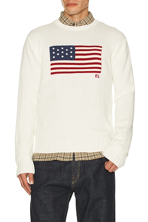 Polo Ralph Lauren Long Sleeve Roving Cotton USA Flag Crewneck Sweater in White