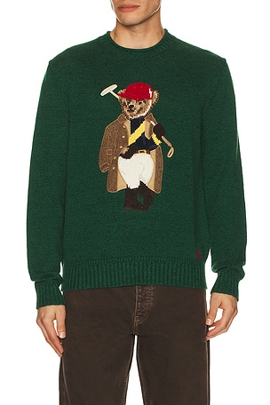 Polo Ralph Lauren Long Sleeve Cotton Linen Novelty Society Bear Rollneck Sweater in Dark Green