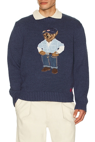 Polo Ralph Lauren Long Sleeve Cotton Linen Novelty Denim Bear Crewneck Sweater in Navy