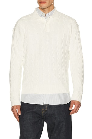 Polo Ralph Lauren Long Sleeve Garment Dyed Cable Knit Polo Sweater Relaxed Fit in White