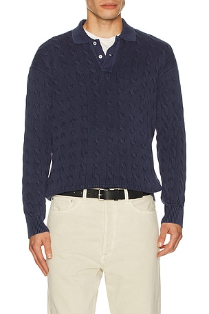 Polo Ralph Lauren Long Sleeve Garment Dyed Cable Knit Polo Sweater in Blue