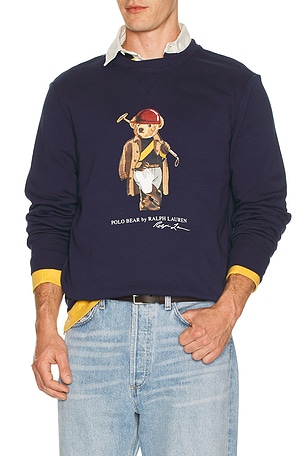 Polo Ralph Lauren Long Sleeve Fleece Novelty Polo Society Bear Crewneck Sweatshirt in Navy