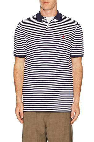 Polo Ralph Lauren Short Sleeve Mesh Polo Classic Fit White Stripe in Navy