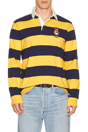 Polo Ralph Lauren Long Sleeve Jersey Knit Novelty Polo Society Bear Rugby Shirt in Navy,Yellow