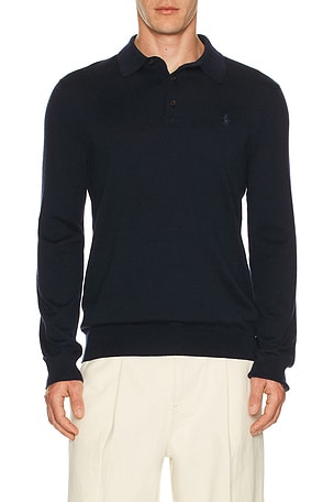 Polo Ralph Lauren Long Sleeve Merino Wool Button Placket Polo Sweater in Navy