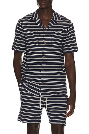 Polo Ralph Lauren Short Sleeve Cotton Bar Stripe Textured Andy Camp Shirt in Navy