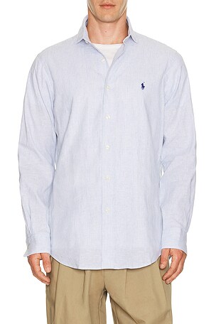 Polo Ralph Lauren Long Sleeve Stretch Linen Sport Shirt Stripe in Blue