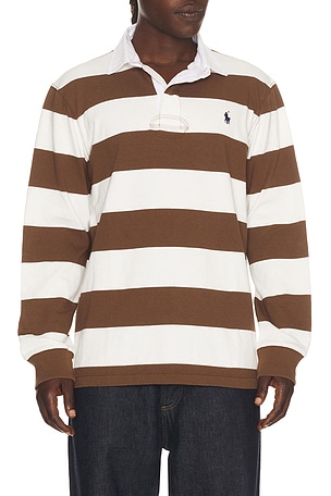 Polo Ralph Lauren Long Sleeve Iconic Rugby Stripe Polo in Brown,White