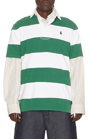 Polo Ralph Lauren Short Sleeve Jersey Knit Iconic Rugby Stripe Polo in Dark Green,White