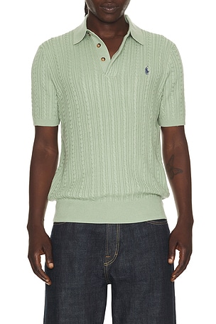 Polo Ralph Lauren Short Sleeve Featherweight Cable Knit 3-button Placket Polo Sweater in Green