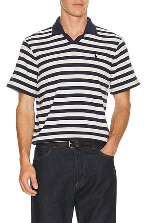 Polo Ralph Lauren Short Sleeve Cotton Club Stripe Textured Fully Fashioned Johnny Collar Polo in Navy