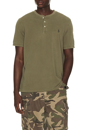 Polo Ralph Lauren Short Sleeve Garment Dyed Featherweight Mesh Henley T-Shirt in Olive