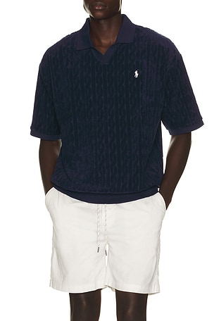Polo Ralph Lauren Short Sleeve Cable Terry Johnny Collar Polo in Navy