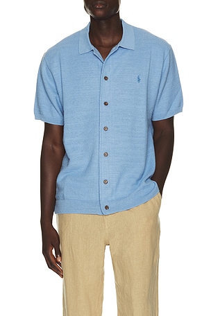 Polo Ralph Lauren Short Sleeve Cotton Blend Textured Cardigan Sweater With Collar in Blue