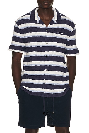 Polo Ralph Lauren Short Sleeve Yarn Dyed Textured Herringbone Andy Camp Striped Shirt in Navy