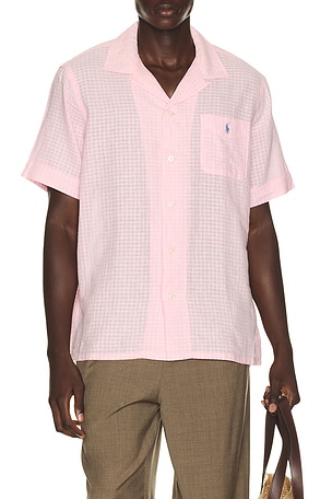 Polo Ralph Lauren Short Sleeve Seersucker Linen Andy Camp Shirt in Pink