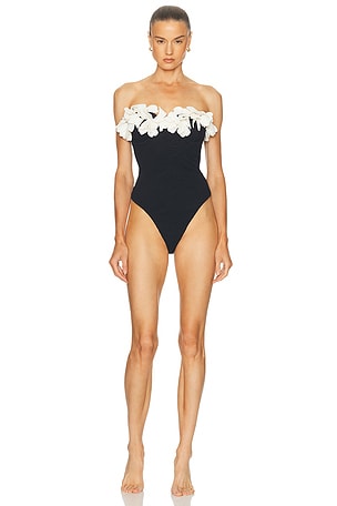 PatBO Breeze Jacquard Flower Applique One Piece Swimsuit in Black
