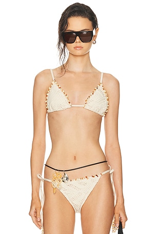 PatBO Lycra Mesh Bikini Top in Beige
