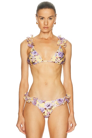 PatBO Peony Print Flower Embellished Bikini Top in Lemon