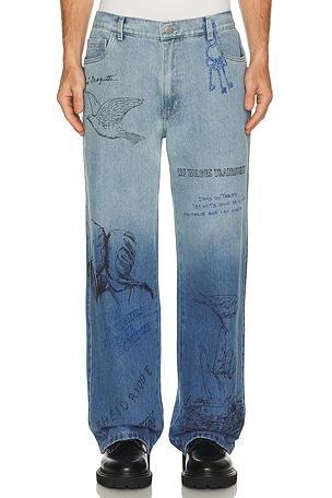 Pas Une Marque Sketch Print Denim Pants in Blue