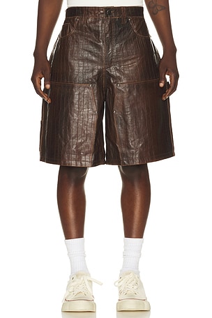 Found Distressed Croc Embossed Leather Shorts in Brown