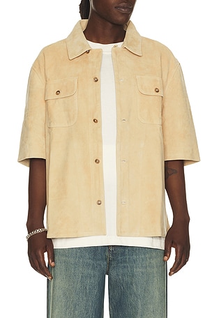 Found Suede Short Sleeve Camp Shirt in Beige