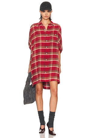 R13 Plaid Oversized Boxy Shirt Dress in Red