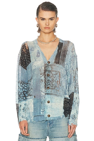 R13 Printed Boyfriend Cardigan in Blue