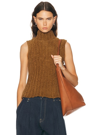 R13 Ribbed Sleeveless Turtleneck Sweater in Brown