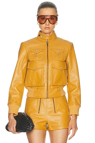 R13 Shrunken Zip Up Leather Jacket in Mustard