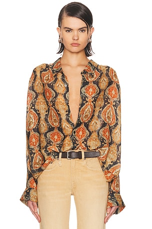 R13 Gathered Yoke Drop Neck Shirt in Orange,Navy