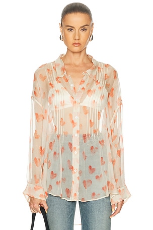 R13 Pintuck Drop Neck Shirt in Cream,Orange