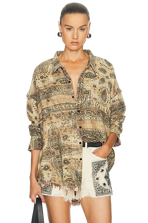 R13 Shredded Seam Drop Neck Shirt in Tan,Black