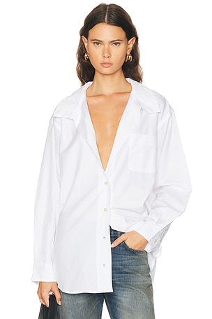 R13 Tall Collar Boyfriend Button Up Shirt in White
