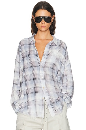 R13 Shredded Seam Drop Neck Shirt in Blue