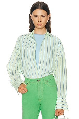 RENGGLI Stripe Boxy Long Sleeve Button Up Shirt in Green