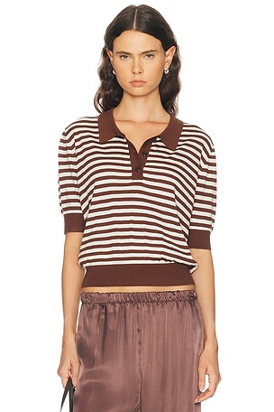 RENGGLI Silk Cashmere Stripe Knit Polo Top in Brown