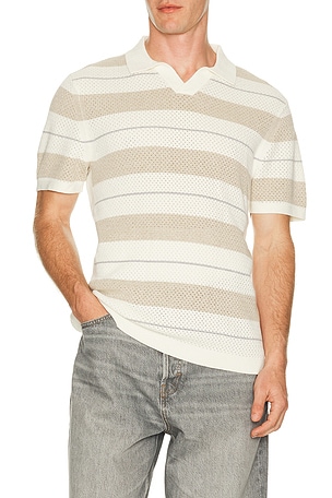 Reigning Champ Cotton Linen Stripe Victor Polo in Ivory