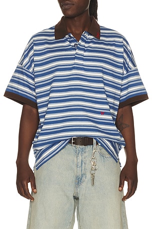 Rhude Fontaine Striped Short Sleeve Polo Shirt in Navy