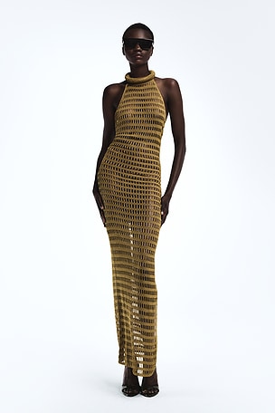 REVOLVE LOS ANGELES Bruni Crochet Gown in Metallic Bronze, brown