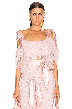 Embroidered Bow Tiered Off the Shoulder Blouse