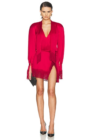 Rowen Rose Satin Fringe Mini Dress in Red