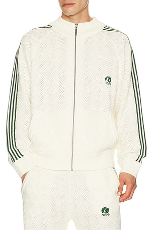 rice nine ten Knitted Training Jacket in White,Dark Green