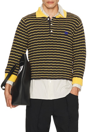 rice nine ten Knitted Cropped Polo Shirt in Black,Yellow